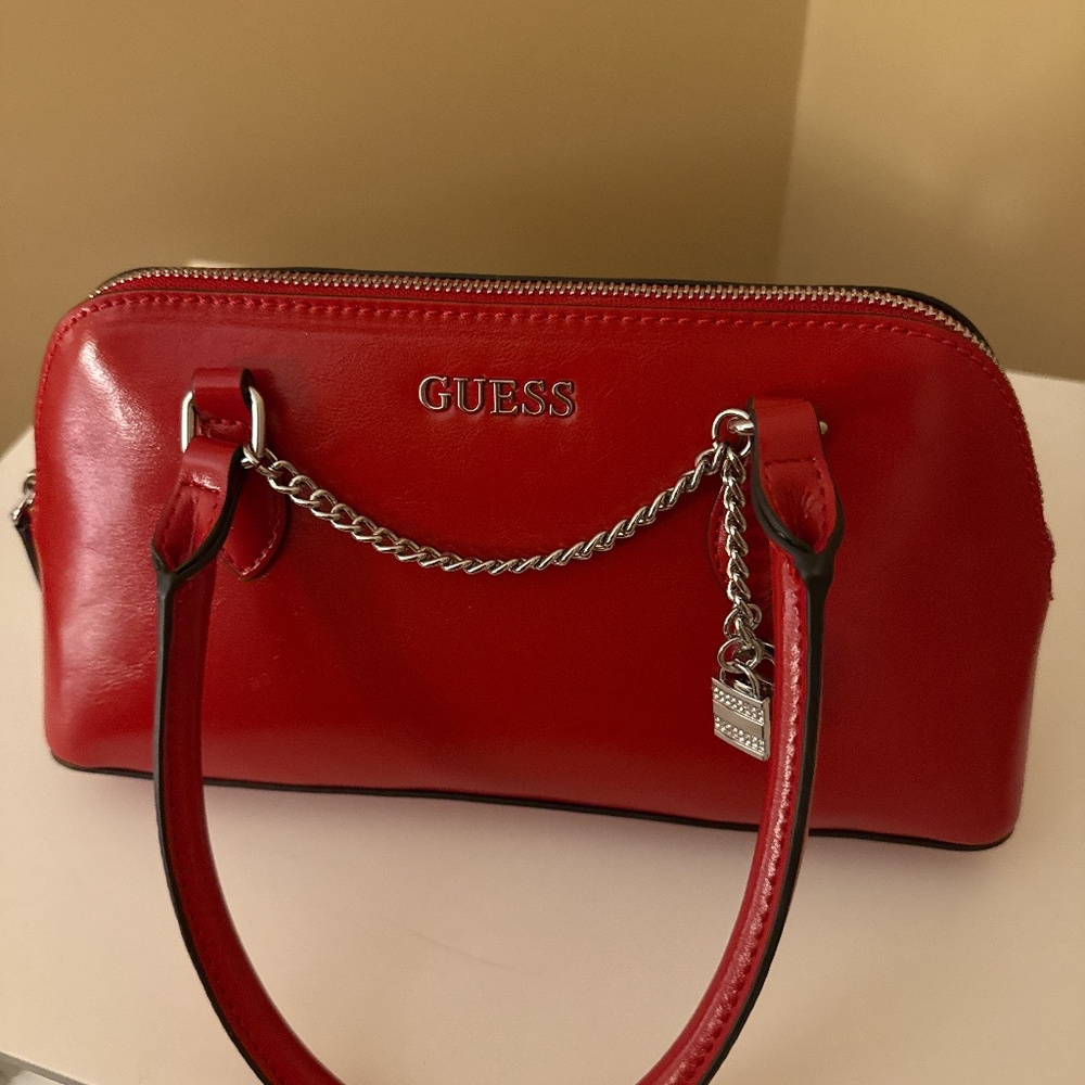 Guess Red Patent Leather Dome Satchel with Silver Hardware